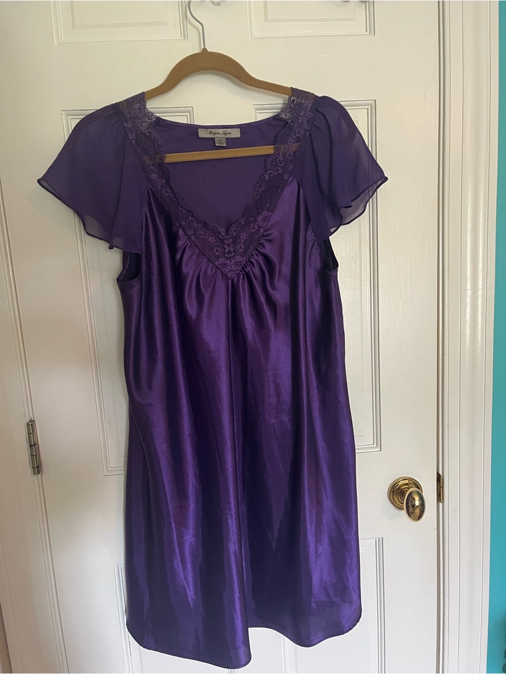 Morgan Taylor Purple Satin Chemise with Lace Trim